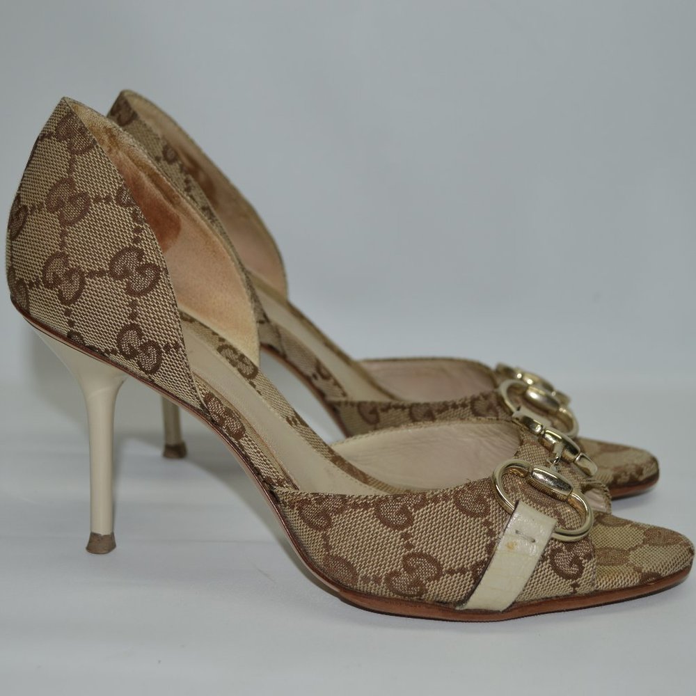 GUCCI Horsebit Canvas Peep Toe Monogram Pumps 5.5